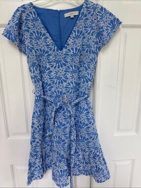 LOFT Blue & White Floral V-Neck Tie-Waist Midi Dress
